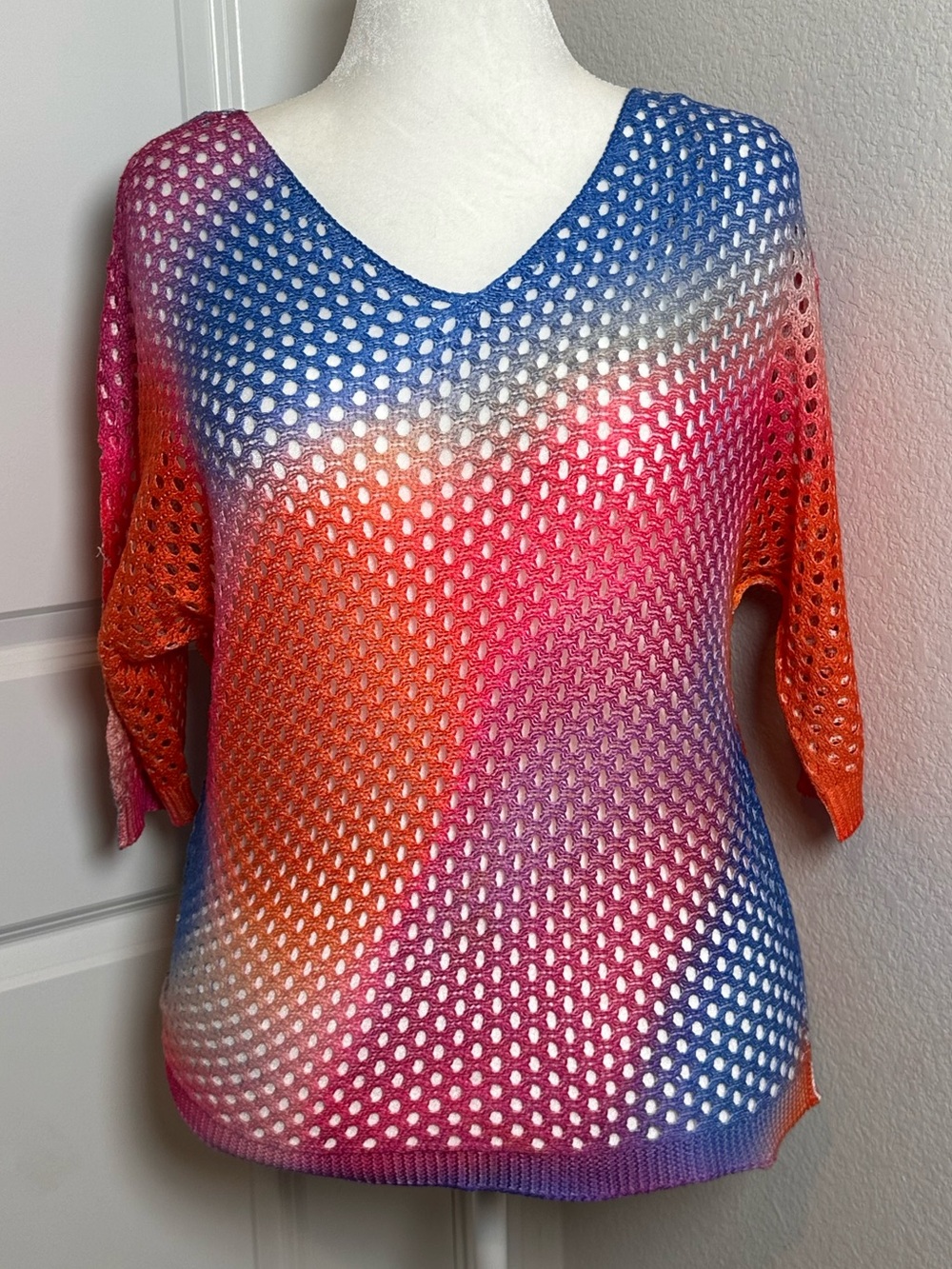 Joseph Ribkoff Vibrant Gradient Open-Knit V-Neck Pullover - Blue, Pink, Orange